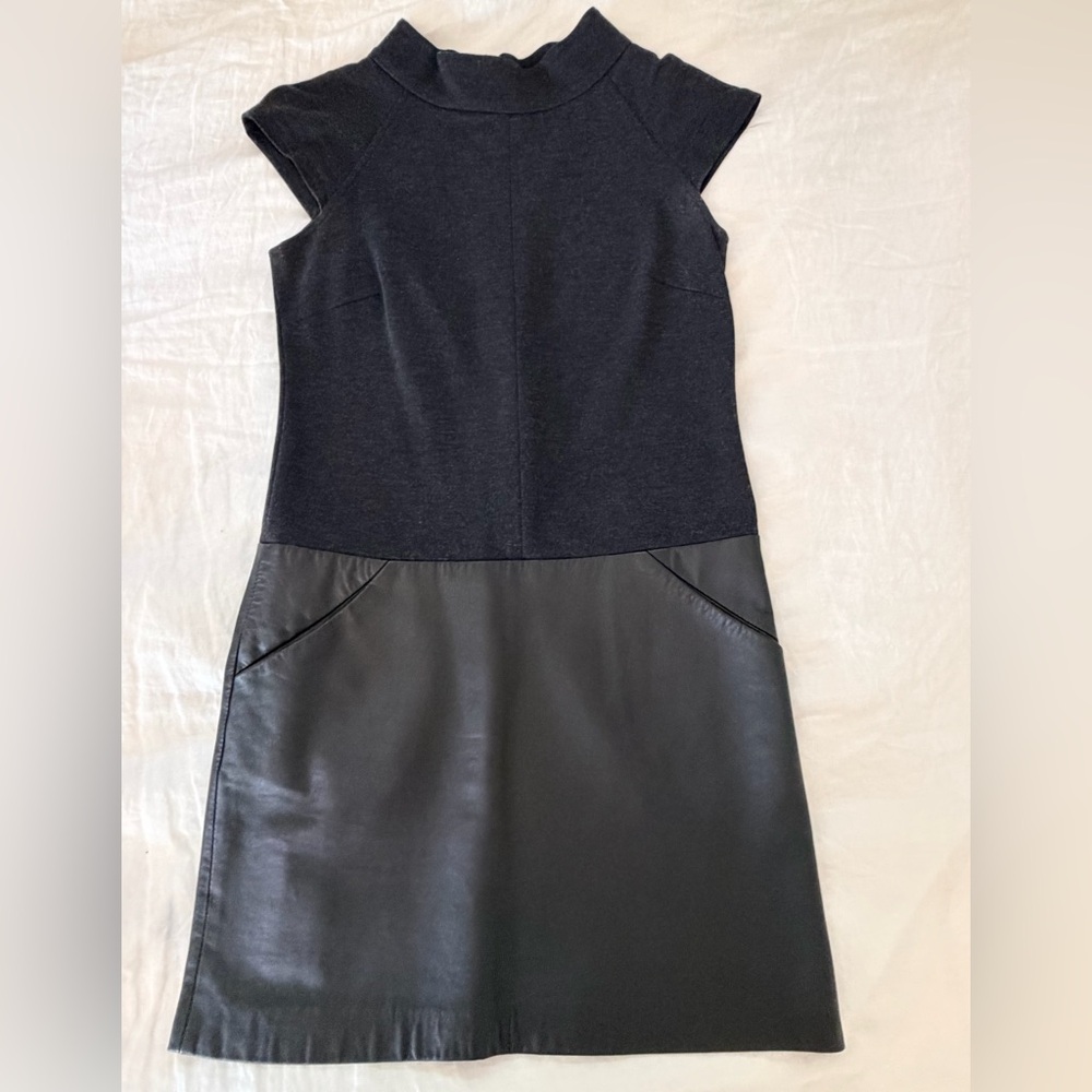 Minimalist Leather and fabric mini dress with cap sleeves
